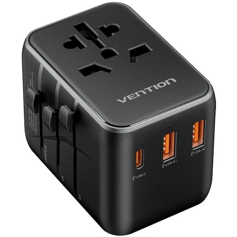 CARGADOR PARED UNIVERSAL TOMA DE CORRIENTE/USB-C/2xUSB-A 65W NEGRO VENTION