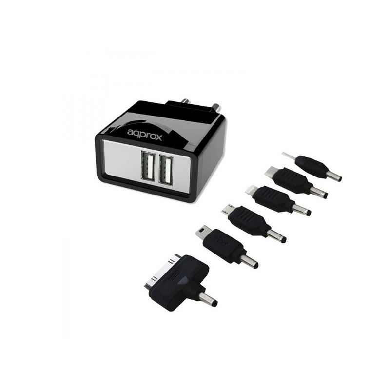 CARGADOR USB DE VIAJE/PARED DUAL+ 6 TIPS NEGRO APPROX