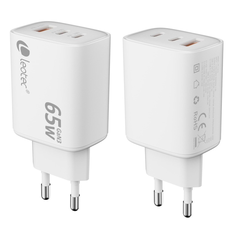 CARGADOR PARED/VIAJE ULTRA SLIM 2xUSB-C/PD + USB-A 65W BLANCO LEOTEC