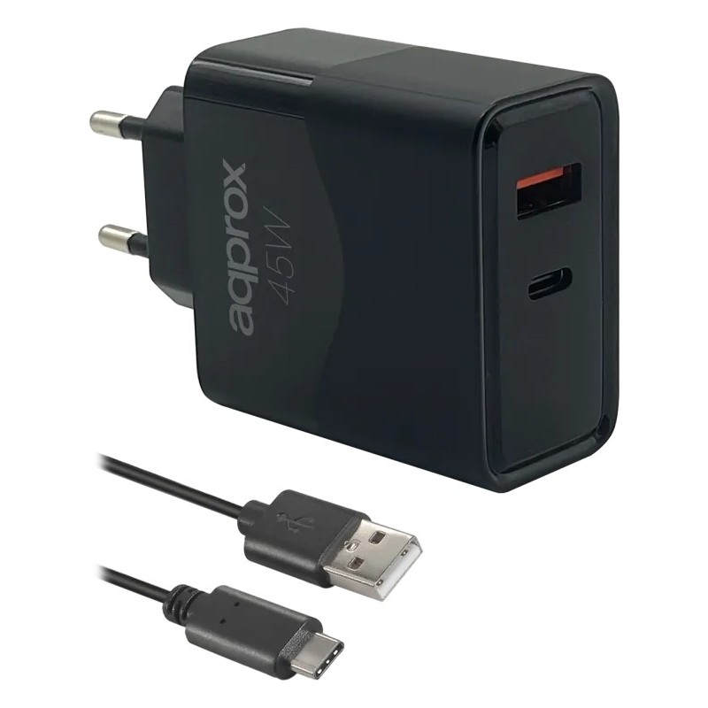 CARGADOR USB DE VIAJE/PARED 1xUSB/USB-C + CABLE USB-A A USB-C 45W NEGRO APPROX