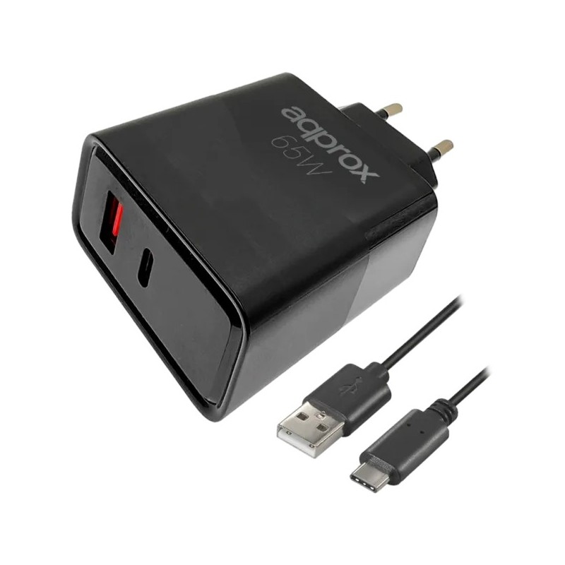CARGADOR USB DE VIAJE/PARED 1xUSB/USB-C + CABLE USB-A A USB-C 65W NEGRO APPROX