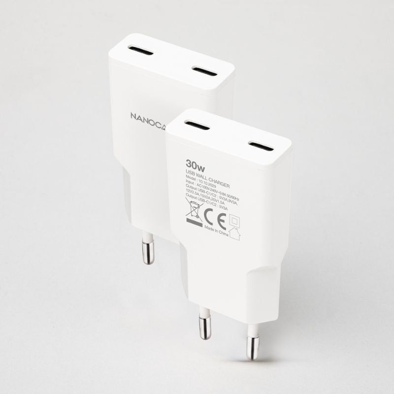 CARGADOR PARED 2XUSB-C PD 30W BLANCO NANOCABLE