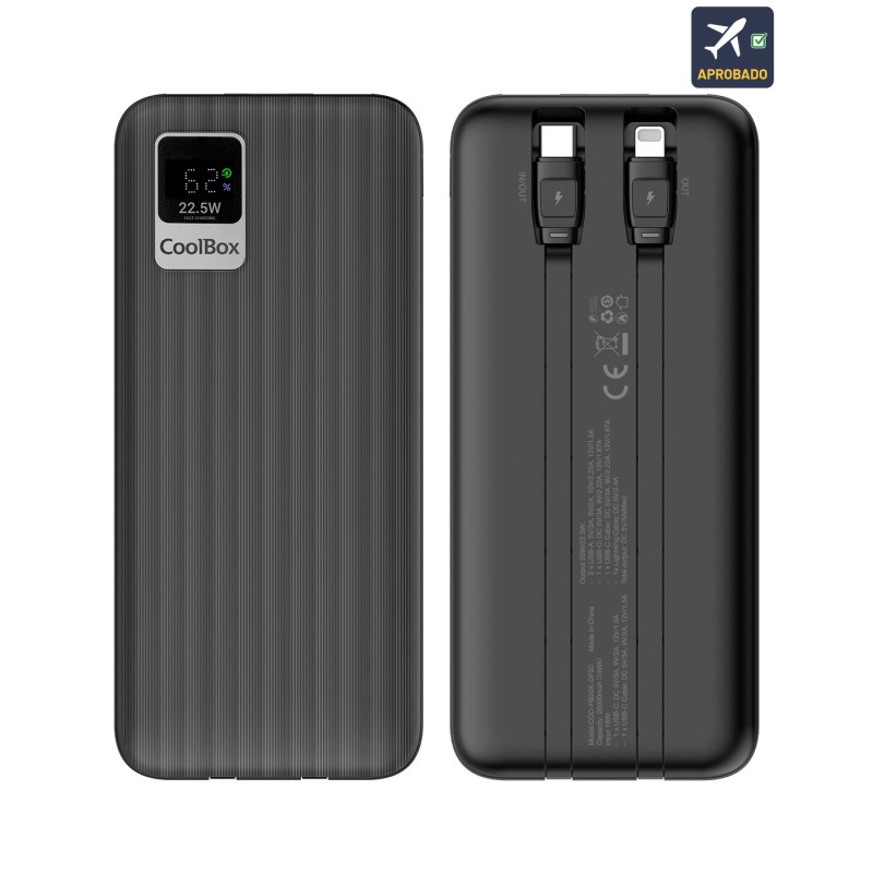 POWER BANK 10000mAh 20W + CABLES INTEGRADOS USB-C/LIGHTING NEGRO COOLBOX